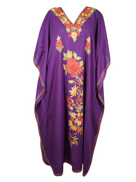 Womens Kaftan Maxi Dress, Coral Peach Floral Embroidery Caftan Maxi Dresses L-2X